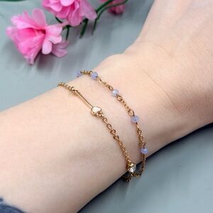 Delicate Gold Plated Double Chain Vintage Y2K Bracelet with Lilac Crystal Beads